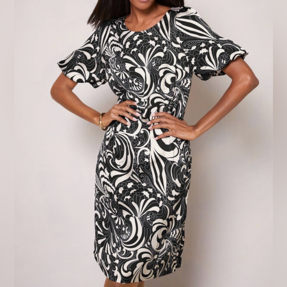 Talbots Black White Floral Satin Shift Dress Bubble Sleeve Career Wedding Guest